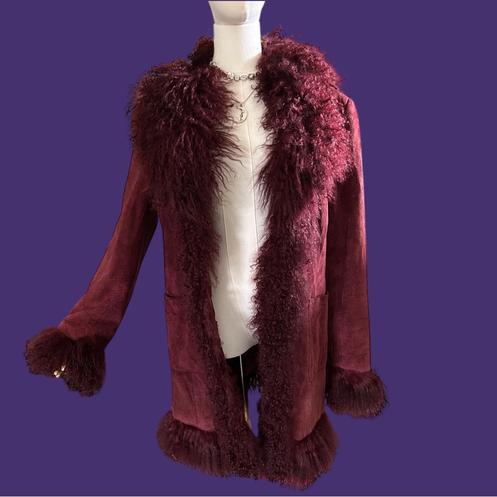 Vintage 90s burgundy mongolian fur suede penny lane coat jacket